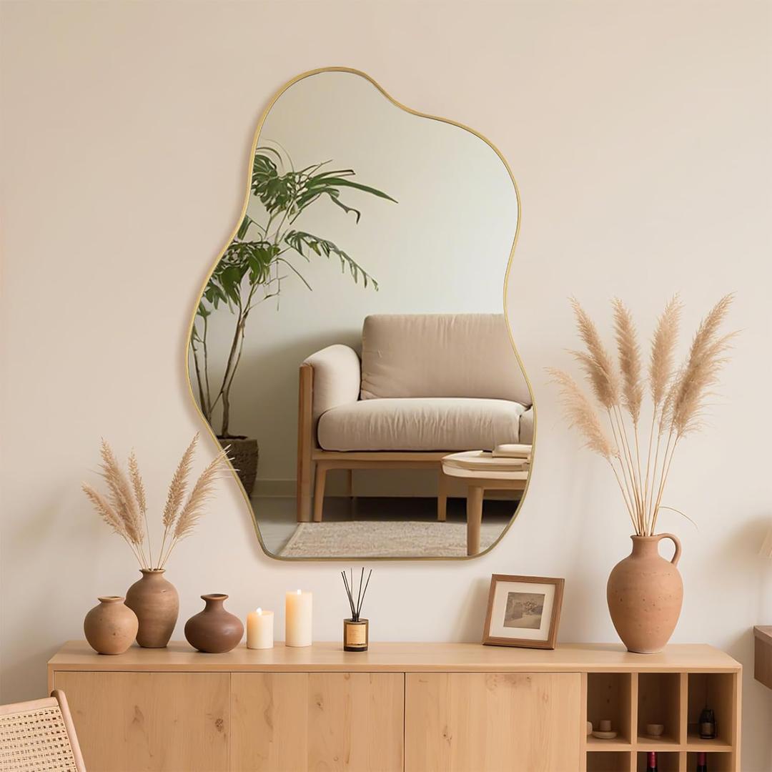 BOMINICA Irregular Wall Mirror Asymmetrical Mirror, Decorative Wall Mirror Golden Wood Framed, Wall Mounted Mirror for Bathroom Living Room Entryway Bedroom Hallway (Gold, 24" x 36")