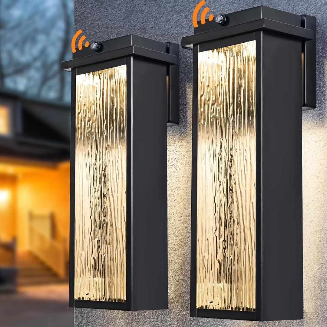 Black LED Dusk to Dawn Outdoor Lighting 2 Packs, 16" Large Outside Farmhouse Wall Lantern, Industrial Porch Wall Mount Light Fixture with Rippled Glass, Waterproof Modern Exterior Sconce Lamp