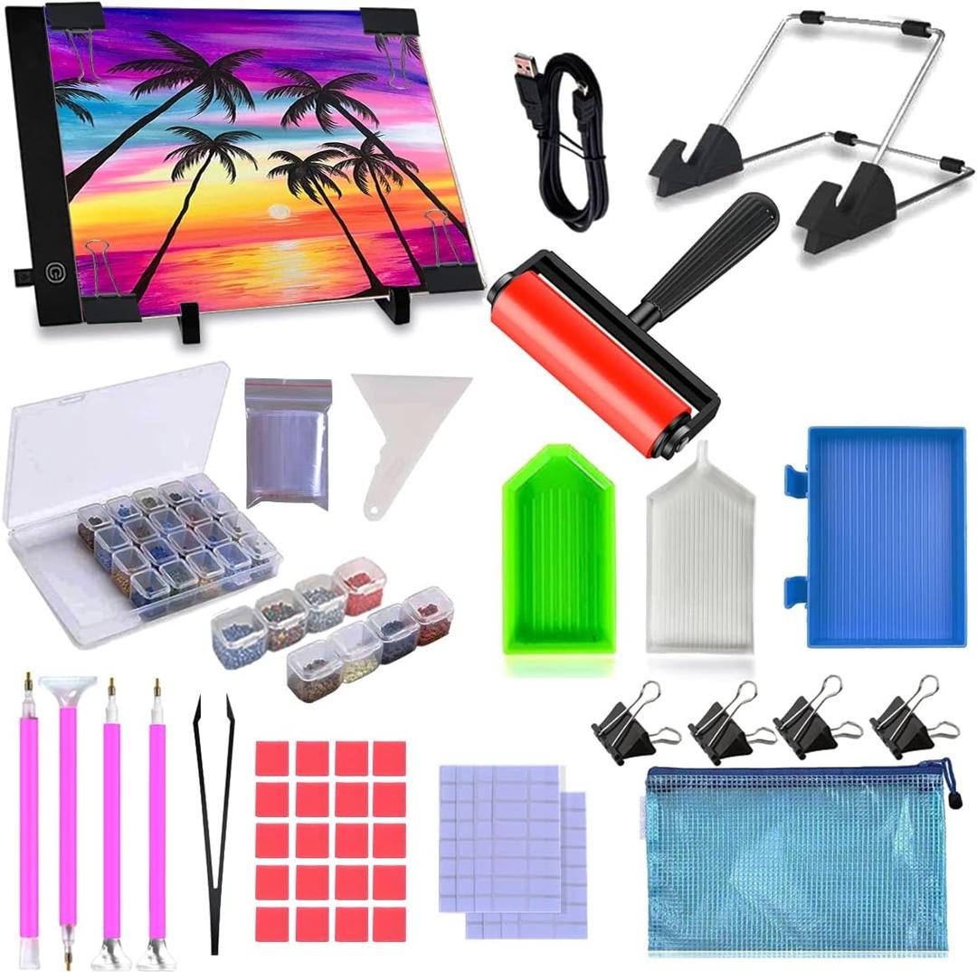 LIRUNQIU 59 Pcs Diamond Painting A4 LED Light Pad Kit, 5D Diamond Painting Accessories Tool Kit Full Drill for Adults and Kids, Supplies Includes Storage Case, Pens,Stand,Pad Board and More