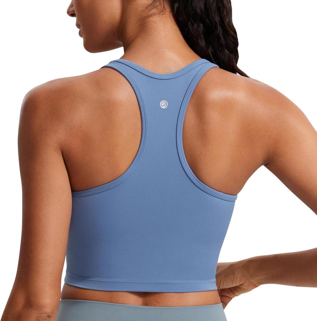 CRZ YOGA Butterluxe Womens Y-Back Racerback Longline Sports Bra - Padded Scoop Neck Workout Crop Tank Top with Built in Pads Oasis Blue Small