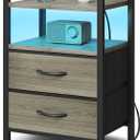 Night Stand Bedside Charger Bedroom - Grey Nightstand with Charging Station & LED Light Strip, Morden End Table with USB Ports & AC Outlets, Night Stand with Storage Shelf & 2 Fabric Drawers