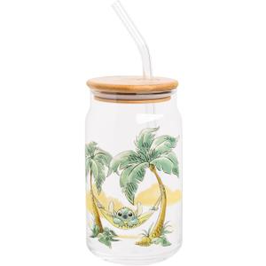 Silver Buffalo Disney Lilo and Stitch Relaxing Chilling in Hammock Island Glass Jar Tumbler with Bamboo Lid and Glass Straw, 16 Ounces (Lilo and Stitch Hammock)