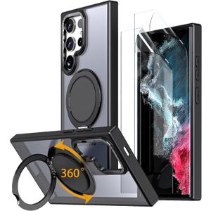 Magnetic Stand Case for Samsung Galaxy S22 Ultra/S23 Ultra [with 2 Screen Protectors] [360 Rotation Magnetic Stand] [Compatible with Magsafe] Military-Grade Drop Protection Case, Black