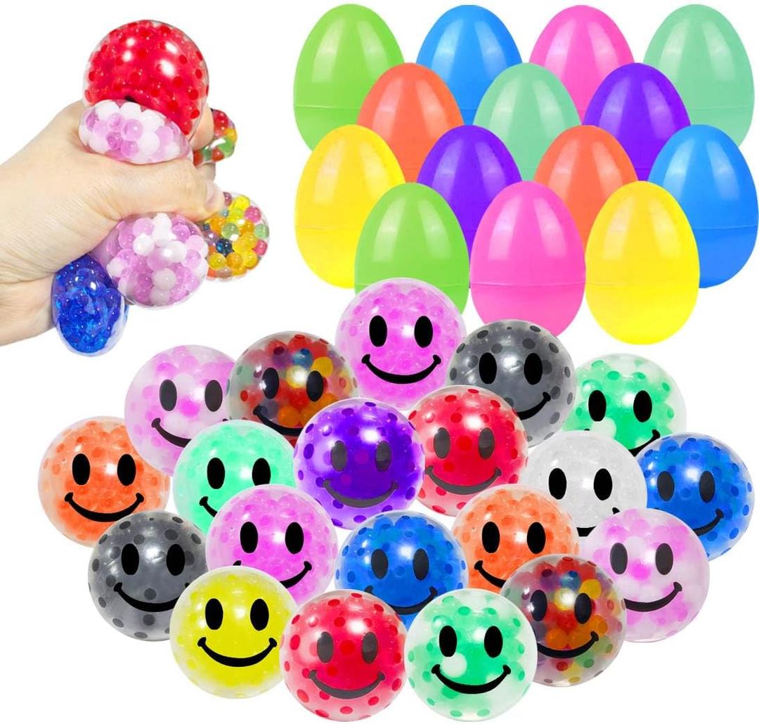 24 Pcs Easter Eggs with Colorful Stress Balls Squishy Balls Fidget Toys Squeeze Balls Bulk for Easter Basket Stuffers Party Favors Easter Egg Fillers (smil Ball)