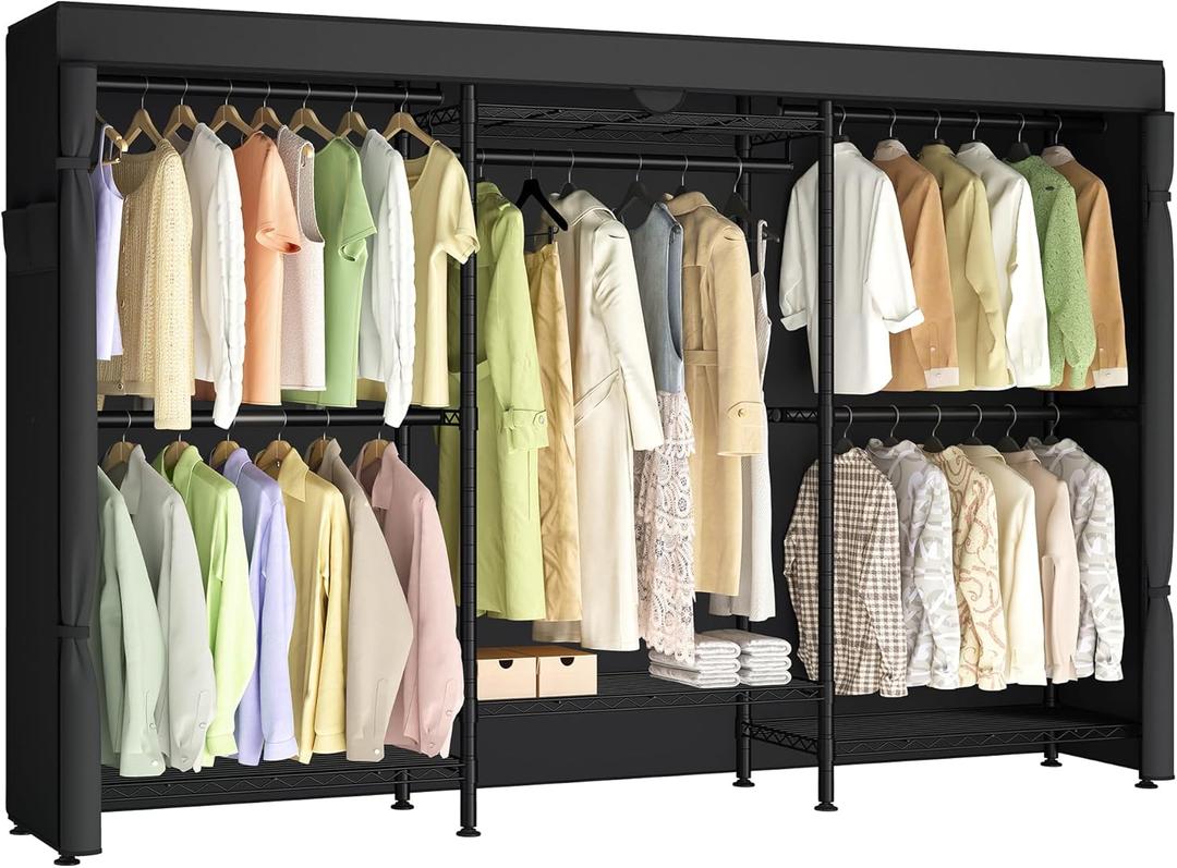 SONGMICS Heavy-Duty Rolling Clothes Rack, Garment Rack, Portable Closet on Wheels, with Adjustable Mesh Shelves and Hanging Rails, Fabric Cover, 15.8 x 86.4 x 76 Inches, Ink Black ULGR437BH01