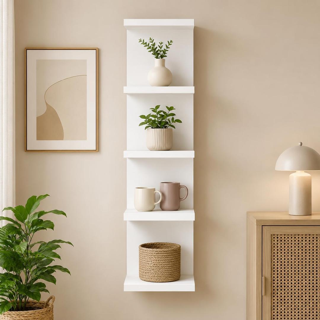 5-Tier Wall Mounted Floating Shelf, 12mm Thick White PVC Closed-Top Shelf, Screw Embedded Drilling Installation, Narrow Vertical Storage Organizer for Bathroom Kitchen Living Room Bedroom, 31.5 x 7.9 x 7.1 in - Extra-Thick Board
