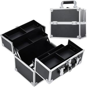Frenessa Makeup Train Case Cosmetic Organizer Case Professional Makeup Storage Box 4 Trays with Divider Lockable Travel Case Portable Travel Makeup Box for Makeup Artist, Carfter, Cosmetics Black