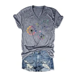 Women's Floral T-Shirts V-Neck Dandelion Sun Flower Graphic Casual Tee Boho Tops Cute Wildflowers Shirts, XL