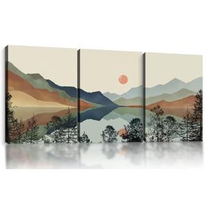Framed Boho Mountain Landscape Wall Art Set of 3-Canvas Prints, with Sunset and Lake Pictures posters Modern Minimalist painting Living Room, Bedroom, Office Ready to Hang 12x16Inch