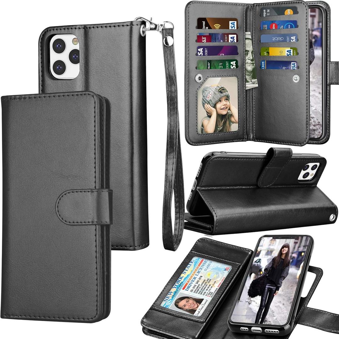 Tekcoo Wallet Case for iPhone 11 Pro / iPhone11 Pro (5.8 inch) 2019 Luxury ID Cash Credit Card Slots Holder Carrying Pouch Folio Flip PU Leather Cover [Detachable Magnetic Hard Case] Lanyard - Black