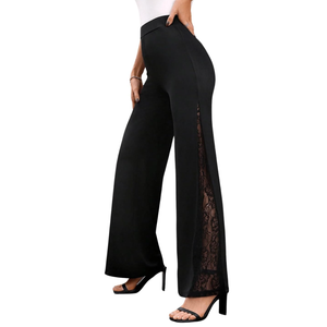 GORGLITTER Women's Lace Bell Pants Bottom Flare Flared Leg Elastic High Waist Casual Office Trousers M