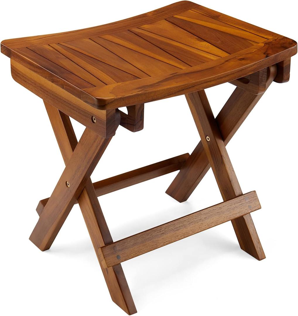 TeakCraft Teak Shower Stool - Wooden Bench for Inside and Outdoor Use - Stylish Folding Shower Chair for Elderly and Disabled Adults - Wood Folding Bath Chair, The Faros