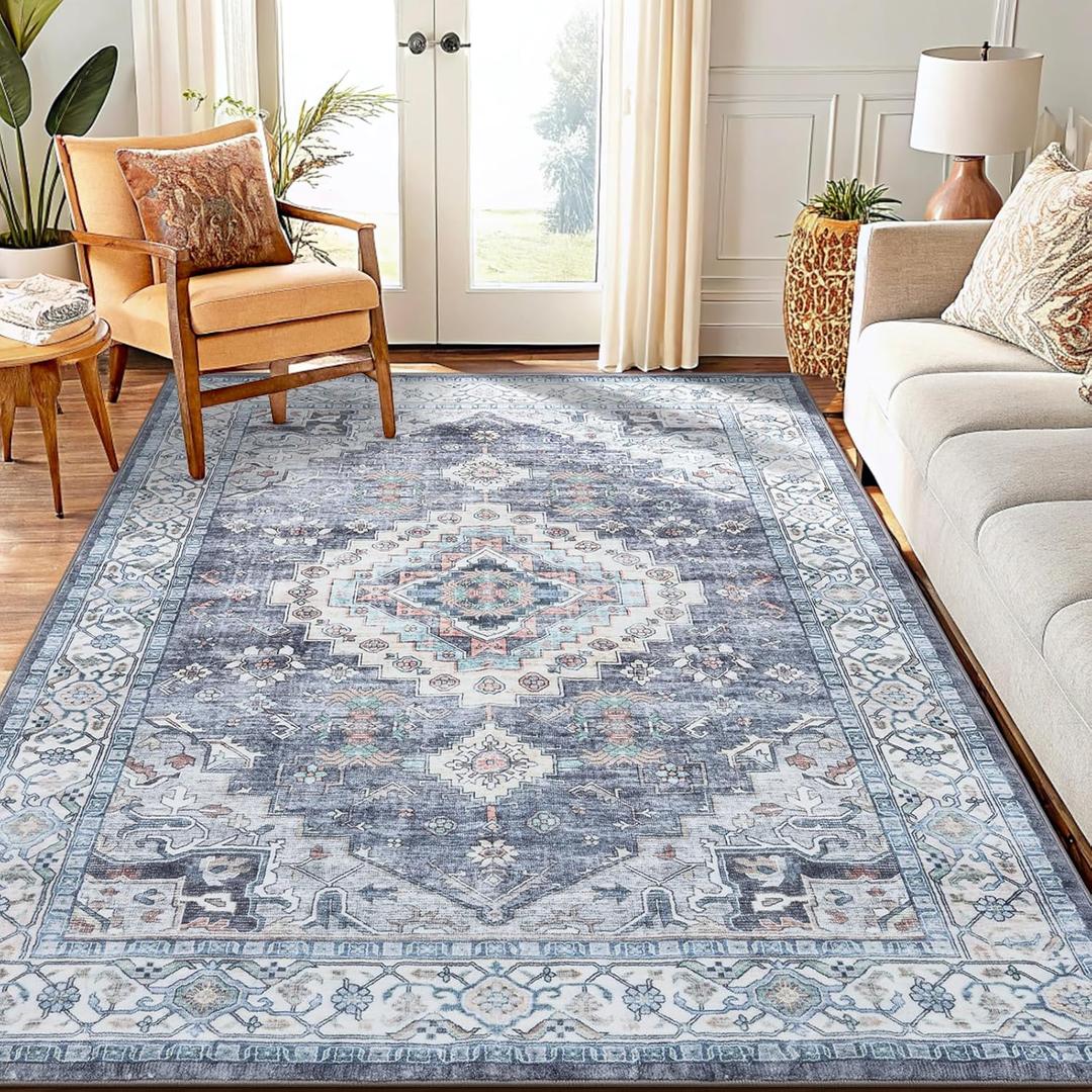 Smiry Area Rugs for Living Room Bedroom, Machine Washable 5x7 Vintage Rug, Soft Plush Bedside Floor Carpet for Farmhouse Nursery Kitchen Laundry Home Decor, Blue/Grey