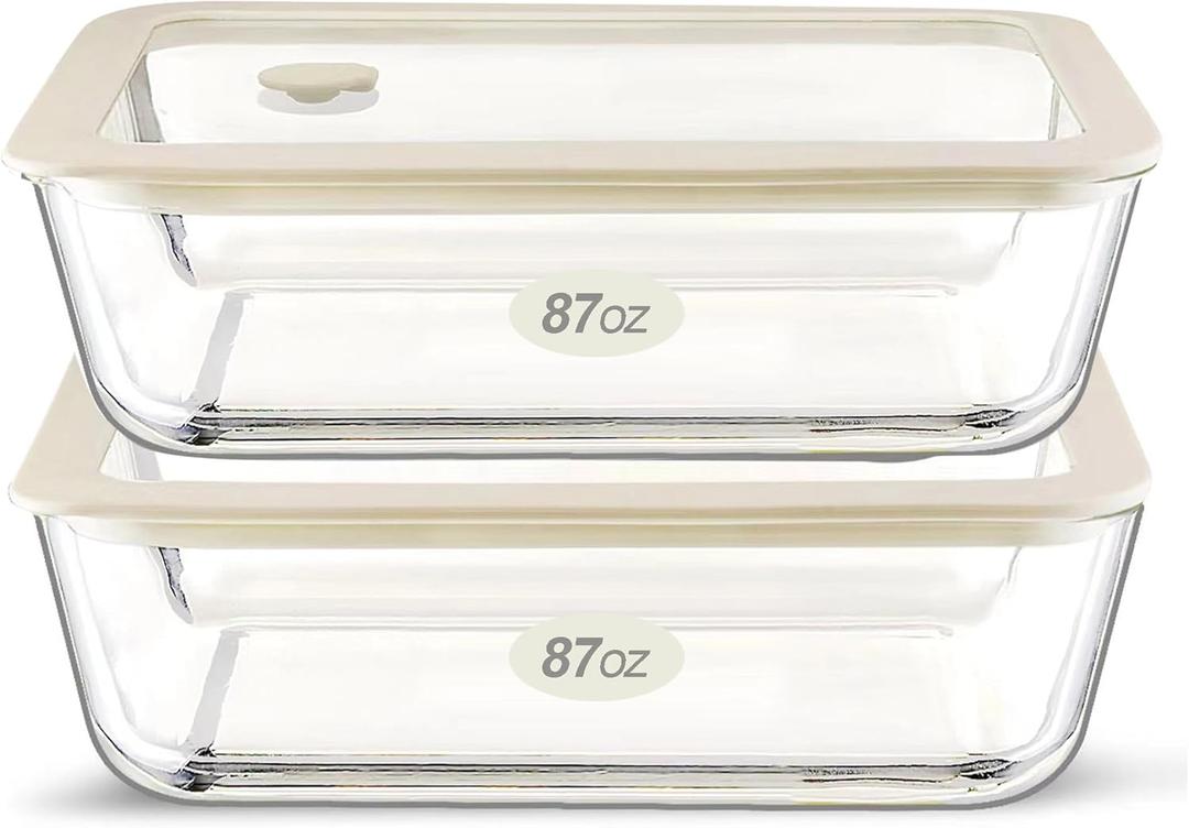 Urban Green Glass Food Container Set with Glass Lid, Large Meal Prep Container Set, Airtight Food Storage Containers with Air Vent Lid, 2 Pack, Large, 87oz, LeakProof, 100% Plastic Free, White color,