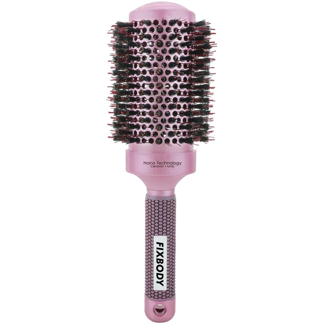 FIXBODY Round Barrel Anti-Static Hair Brush with Boar Bristles, Nano Thermal Ceramic Coating & Ionic Tech for Hair Blow Drying, Styling, Curling, Straightening (3.4 inch)