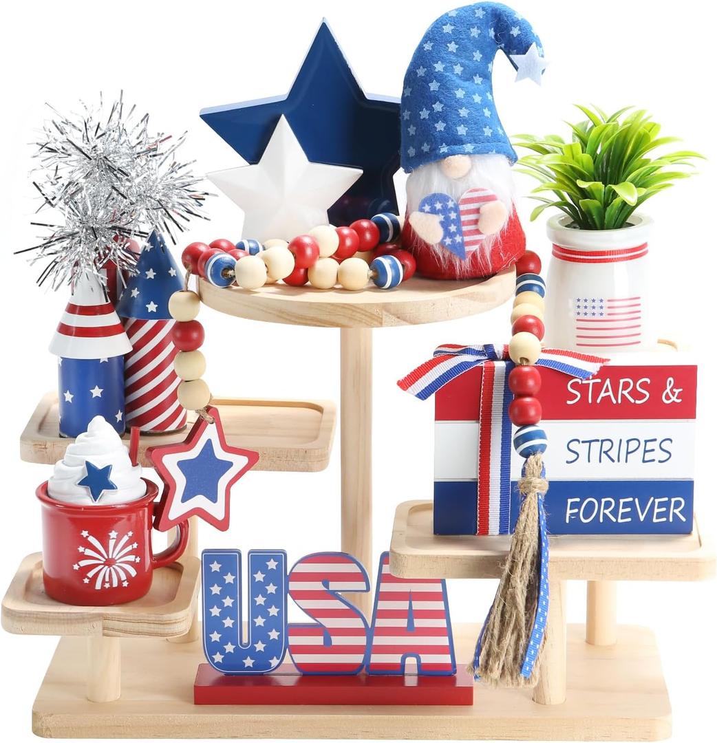 4th of July Decorations, Memorial Day Decorations, Independence Day Patriotic Tiered Tray Decor Set, 8 Pieces Fourth of July Centerpieces for Home Office Table Shelf, Red White and Blue Decorations