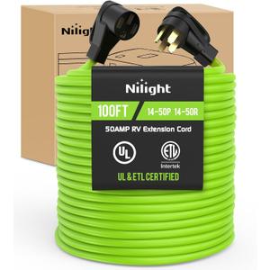 Nilight 100FT 50 Amp RV Extension Cord 250V Heavy Duty 6/3+8/1 Gauge Pure Copper STW Wire UL ETL Listed 4 Prong 14-50P 14-50R Weatherproof Suit for EV Trailer Campers Bright Green