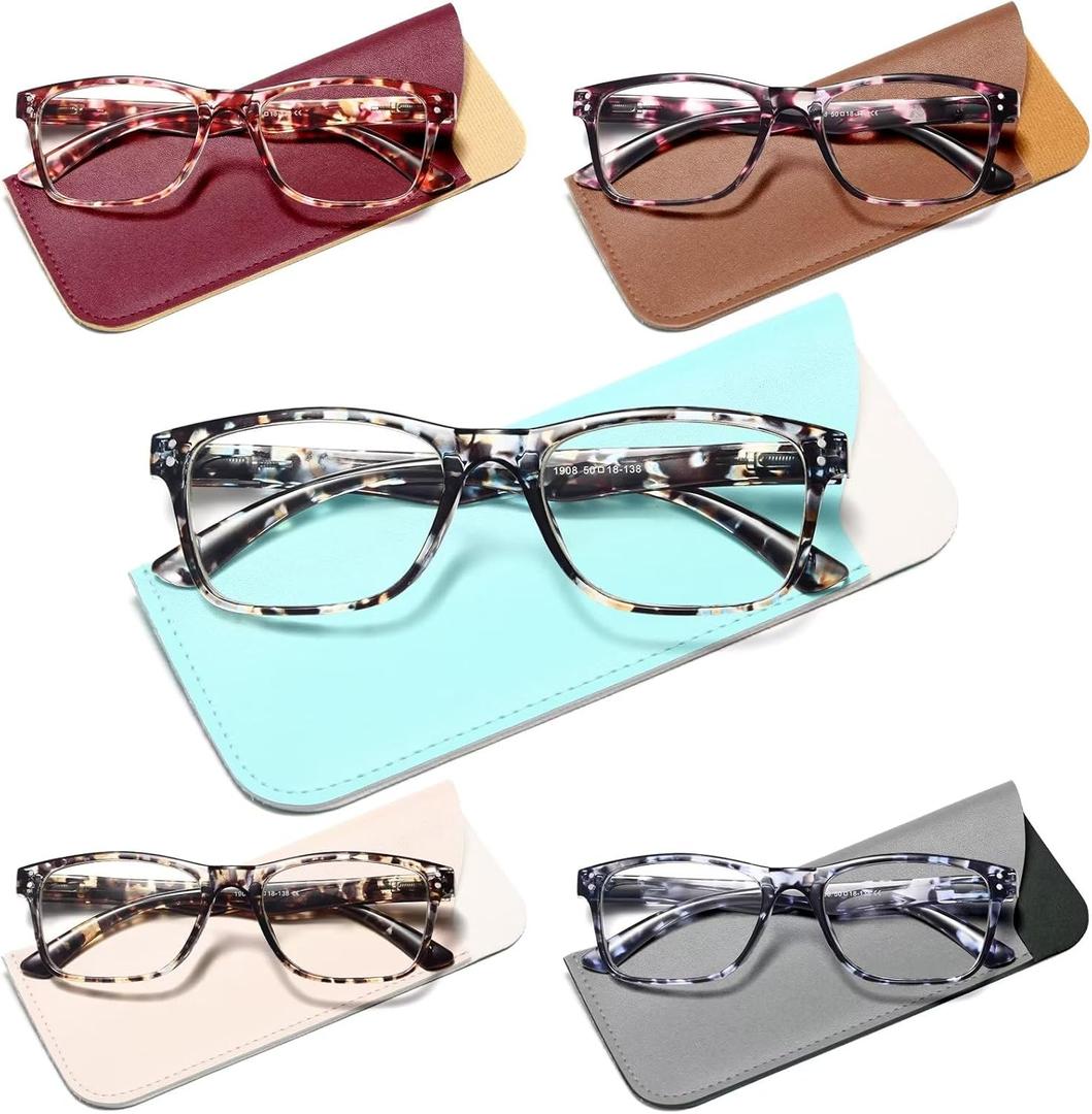 Reading Glasses Blue Light Blocking, Computer Glasses for Women Men, Fashion Square Eyeglasses 5 Pairs (A-mix 8)