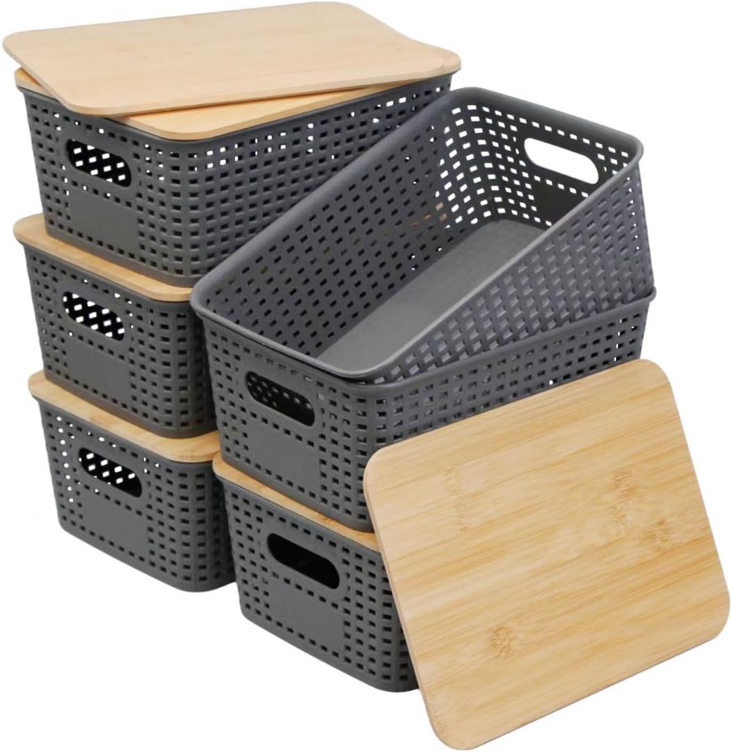 Soddeph Plastic Storage Baskets With Bamboo Lid for Organizing,Small Stackable Box Containers for Shelves, Drawers, Closet, Office, and Desktop (Gray, 6 Pack)