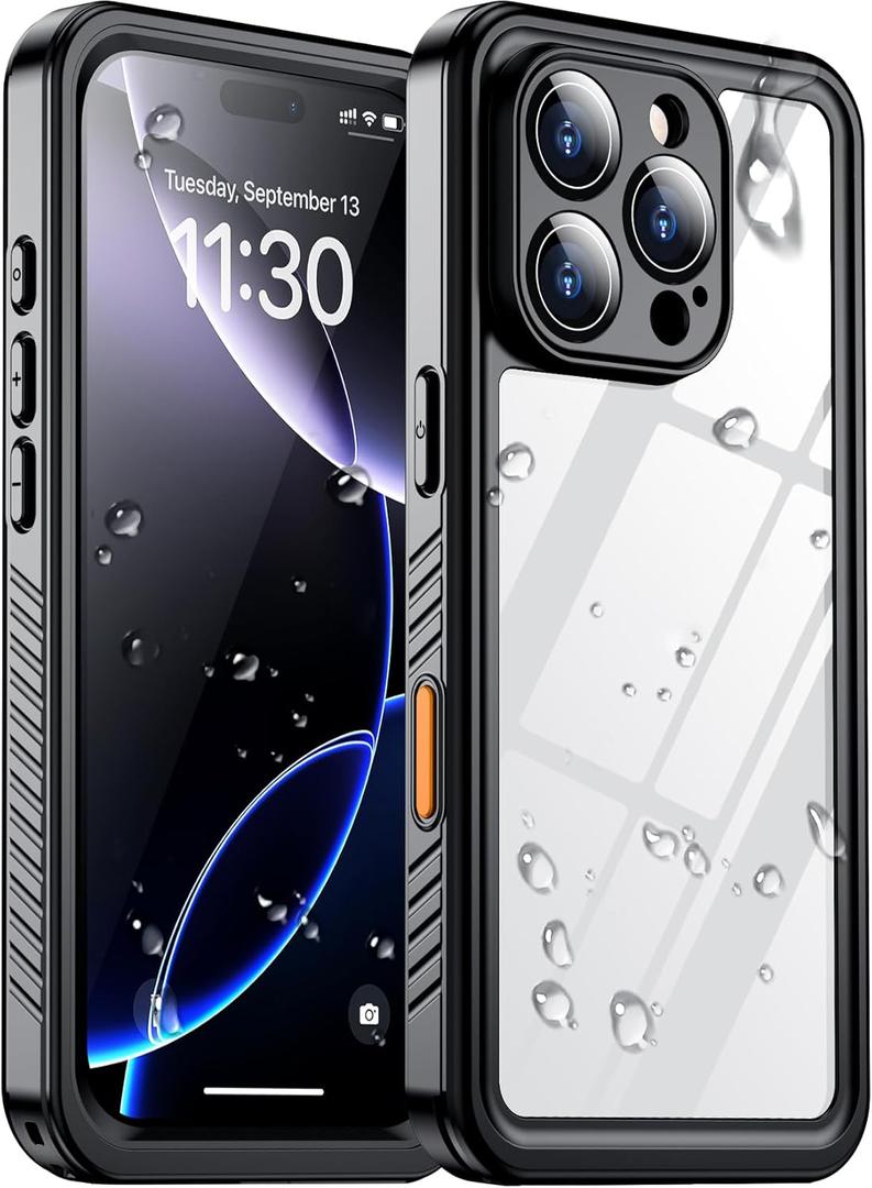 Temdan Compatible with iPhone 16 Pro Case Waterproof, Built-in Screen & Camera Protector IP68 Underwater Full Body 16FT Military Dropproof Shockproof Phone Case 6.3"-Black/Clear