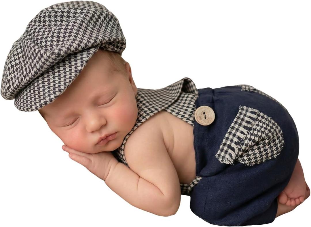 Newborn Baby Photoshoot Outfits Photography Props Baby Gentleman Outfits Boy Suspender Pants and Bow Tie with Beret Hat 0-1 Months