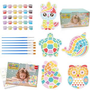 QANIY Stepping Stones Painting Kit for Kids, 5 Pack Outdoor Garden Stone Crafts, Kids Craft Paint Kits for Boys Girls Birthday Party Gift Toy Ages 3+