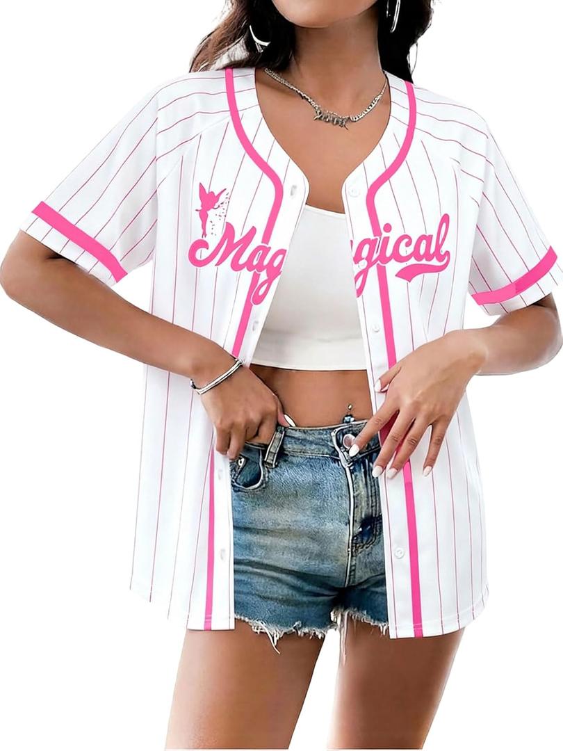 Magical Jersey for Women Magic Kingdom Shirts Family Vacation Shirt Sports Uniforms Button Down Stitched Tops, XL