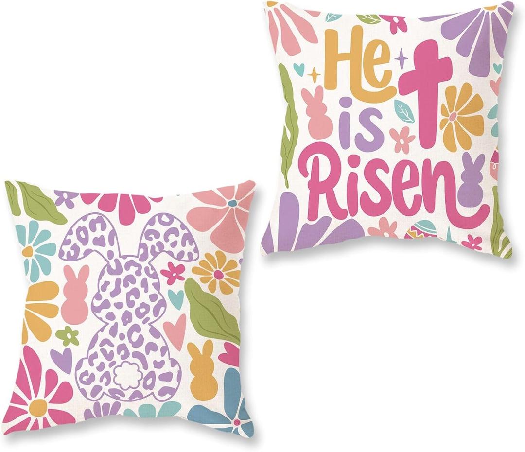 Easter Throw Pillow Covers 18x18 Inch Set of 2 Farmhouse Colorful Bunny He is Risen Decorative Spring Holiday Pillowcases Indoor Outdoor Patio Cushion Cases for Sofa Couch Home Decor
