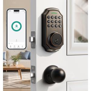 Keyless Entry Door Lock with 2 Door Knobs - App Control & Keypad Deadbolt Smart Locking, 100 User Codes, Anti-Peep Password, Auto Lock & One-Time Codes, Easy Install for Front Door Security (Bronze)