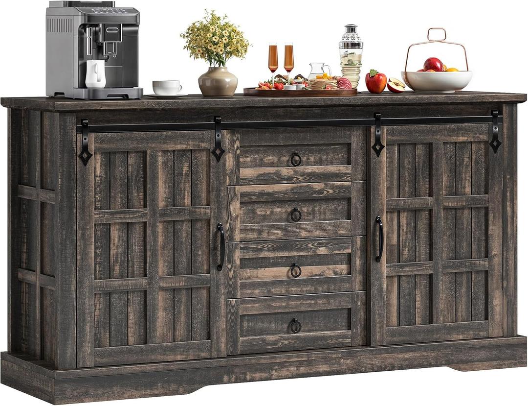 DWVO Farmhouse Sideboard Buffet Cabinet with Storage, Large Kitchen Storage Cabinet w/Sliding Barn Doors and Drawers for Dining Room, Living Rool, Dark Rustic Oak