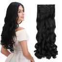 REECHO 24" Curly Wavy 4 Pieces Set Clip in Hair Extensions Natural Black