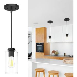 Zevluck Pendant Light Fixtures, Matte Black Pendant Lighting with 5 Adjustable Tubes, Hanging Light Fixtures with Clear Glass Shade, Tiltable Pendant Lighting for Kitchen Island, Dining Room, Bathroom (1 Pack)