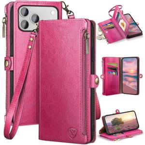 XcaseBar Compatible with iPhone 17 Pro 6.3" Wallet case with Zipper Credit Card HolderRFID Blocking,Flip Folio Book PU Leather Phone case Shockproof Cover Women Men for Apple 17 Pro case Rose Red