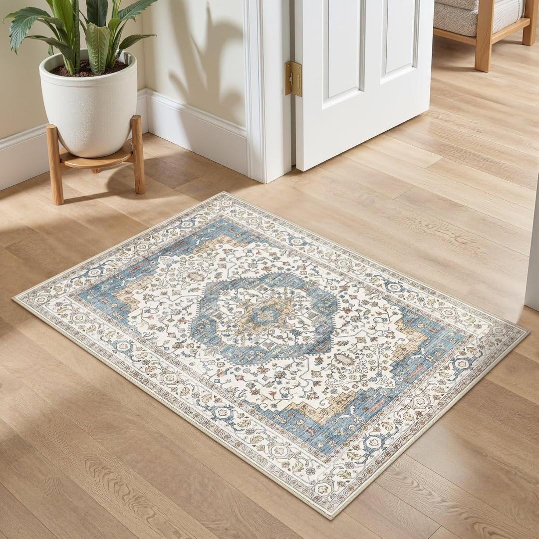 2x3 Washable Entryway Rug: Non-Slip Soft Small Indoor Area Rug for Bedroom Kitchen, Low Pile Stain-Resistant Durable Vintage Floral Carpet for Porch Laundry Kids Room Home Decor (Blue)