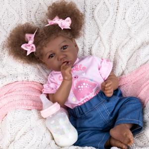 Aori Black Reborn Baby Girl Dolls 20 Inch Biracial American Doll with Soft Cloth Body & Realistic Rooted Hair, Lifelike Weighted Reborn Toddler Doll, Includes Outfit & Gift Set - Safe for Ages 3+ (Jeans)
