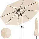 9FT Solar Umbrella 32 LED Lighted Patio Umbrella Table Market Umbrella w/Tilt and Crank, UV-Resistant Outdoor Umbrella for Pool, Garden, Deck, Beige
