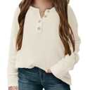 rrhss Girls Waffle Knit Sweaters Trendy Henley Button V Neck Long Sleeve Pullover Jumper Tops Off-White
