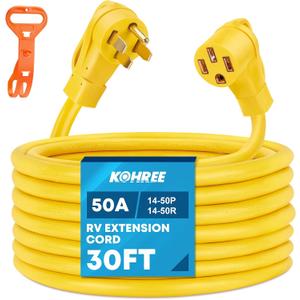 Kohree 50Amp RV/EV Extension Cord 30FT, NEMA 14-50P to 14-50R RV Power Cord 50A, Heavy Duty 6/3+8/1 Gauge STW Wire W/Cord Organizer for RV Trailer Campers 125/250V, 6250/12500W, ETL Listed