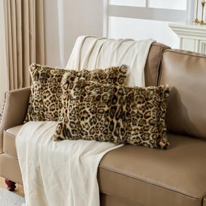 Cheetah Print Faux Fur Fluffy Pillowcases,Plush Soft Throw Pillow Covers, Fuzzy Decorative Leopard Print Pillow Cases, Furry Brown Leopard Cushion Covers for Couch Sofa-20x26 inch Set of 2