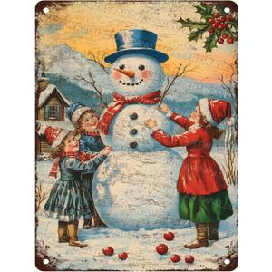 Snowman & Children Christmas Metal Wall Art for Living Room Above Fireplace and Beside Christmas Tree Winter Home Decor 12x16inch