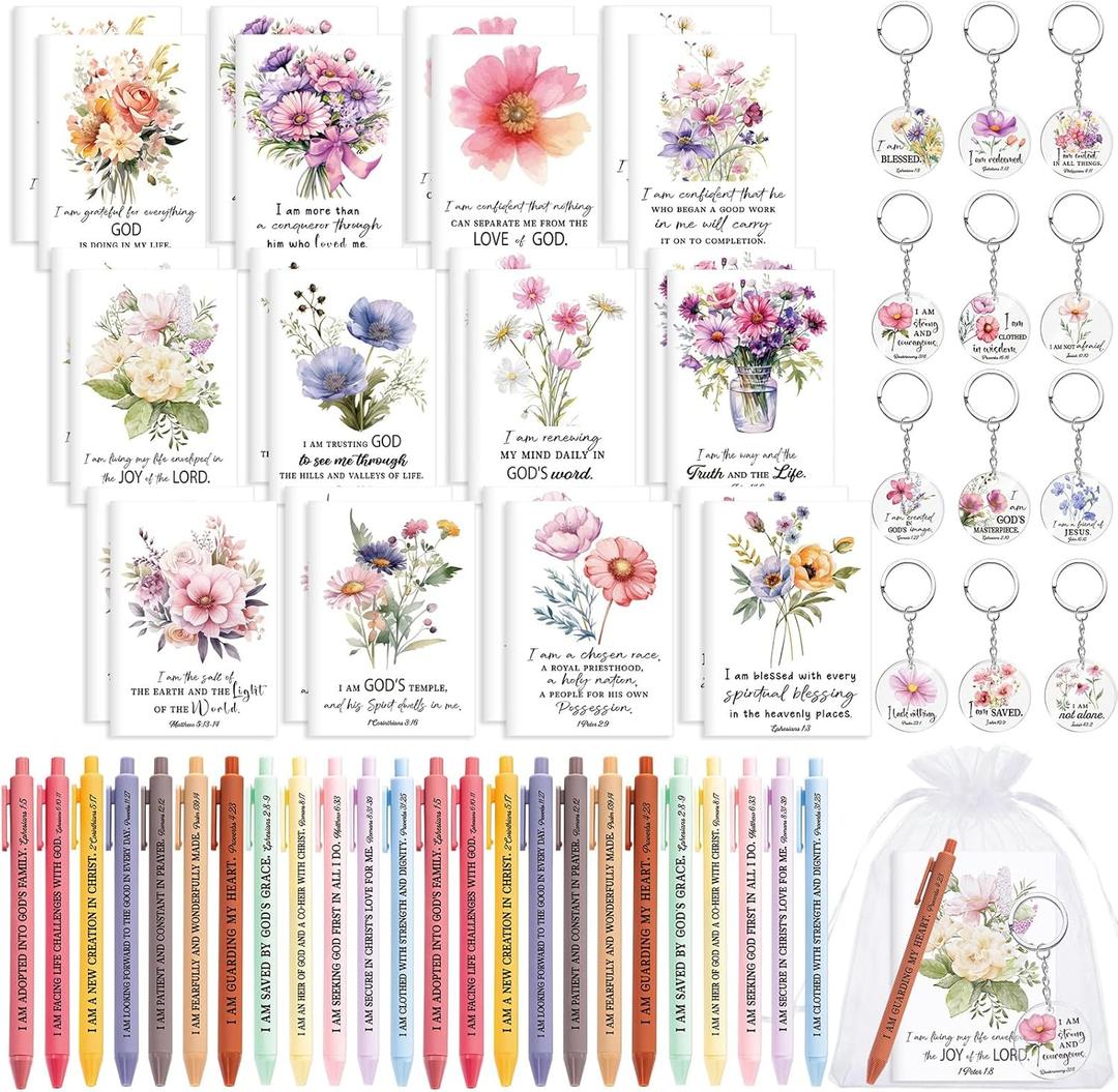 Mooliwe 72 Pcs/24 Set Positive Affirmation Gift Set Gratitude Notebooks with Pens Acrylic Keychains Small Bags Motivational Notepads for Women Coworkers Christmas Adults Party Favors (Watercolor)