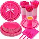 350 Pcs Hot Pink Plates and Napkins, 50 Guest Breast Cancer Awareness Party Supplies Include Scalloped Paper Plates Napkins Cups Plastic Spoons Forks Knives Disposable Tableware Set for Women