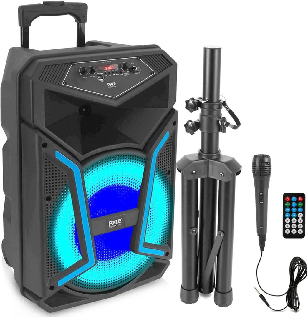 Portable Bluetooth PA Speaker System - 1200W Outdoor Bluetooth Speaker Portable PA System w/Microphone in, Party Lights, MP3/USB SD Card Reader FM Radio, Rolling Wheels - Mic, Remote