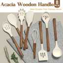 Non-Stick Silicone Kitchen Utensils Set with Natural Acacia Hard Wood Handle, Umite Chef 8 Pieces Kitchen Spatulas set, White, BPA Free, Baking, Serving and Cooking Utensils