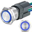 UL Listed 22mm Push Button Switch 15A 12V Momentary 2NO DPST Angel Eye LED Stainless Steel Round Self-Reset 7/8'' with Wire Socket (Blue)