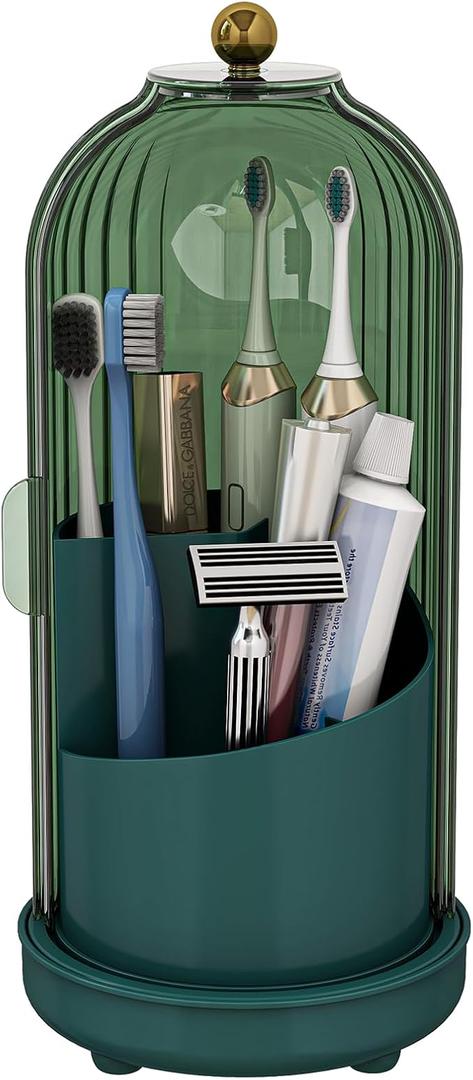 Zufudo Toothbrush Holders with Cover, Drainage Rotating Electric Toothbrush Organizer, 3 Slots Tooth Brush Holder for Bathroom Counter, Green