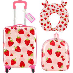 Sanwuta 4 Pcs Kids Luggage Set Carry On Rolling Suitcase Backpack Neck Pillow Travel Set Gift for Girls Boys Summer Camp(17 Inch,Strawberry Style,Light Pink)