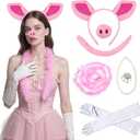 Pig Costume Set, Pink Animal Cosplay Outfit with Pig Ears Headband Nose Bow Tie Tail Gloves for Fancy Dress Parties