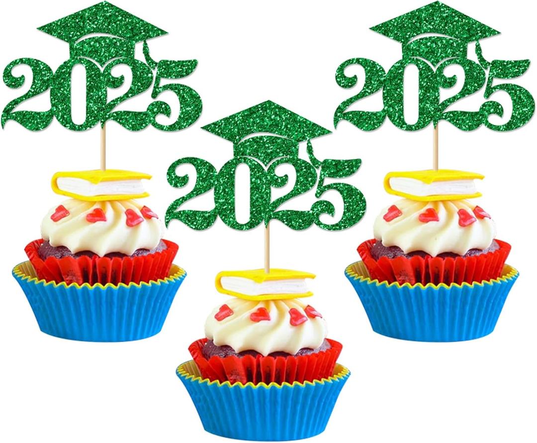 Graduation Decorations 2025-24Pcs Green Glitter 2025 Graduation Cap Cupcake Toppers for Class of 2025 Party Decorations