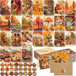 Tenceur 240 Sets Thanksgiving Cards with Envelopes Set Turkey Maple Leaf Happy Thanksgiving Greeting Card Bulk Happy Holiday Postcards for Fall Season Gift Autumn Party Favors, 24 Designs
